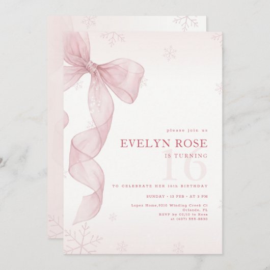 Winter Pink Bow Snowflake 16th Birthday Party 招待状 (正面/裏面)