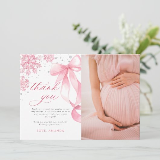 Winter Pink Bow Snowflakes Baby Shower Photo サンキューカード (スタンド正面)