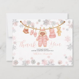 Winter Pink Girl Baby Shower Snowflakes Thank You サンキューカード
