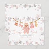 Winter Pink Girl Baby Shower Snowflakes Thank You サンキューカード (正面/裏面)