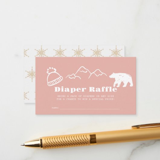 Winter Pink Hand-Drawn Baby Diaper Raffle Ticket エンクロージャーカード (正面/裏面インサイチュ)