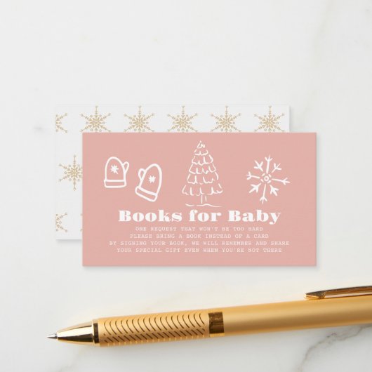 Winter Pink Hand-Drawn Baby Shower Book Request エンクロージャーカード (正面/裏面インサイチュ)