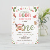 Winter Pink Oh What Fun Reindeer 1st Birthday 招待状 (スタンド正面)
