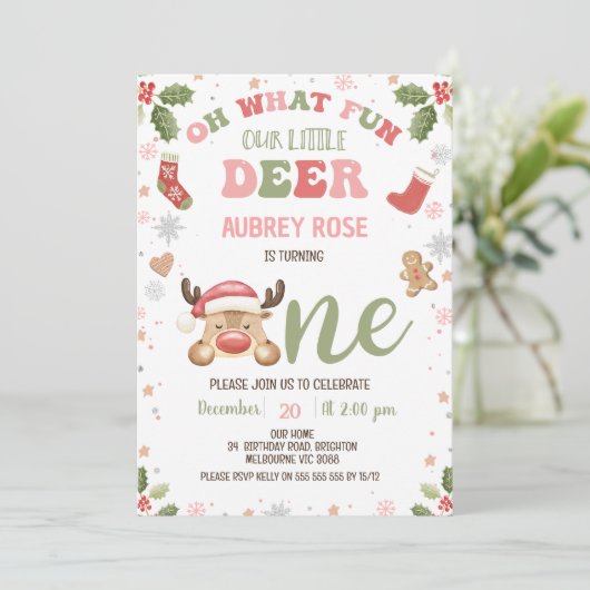Winter Pink Oh What Fun Reindeer 1st Birthday 招待状 (スタンド正面)