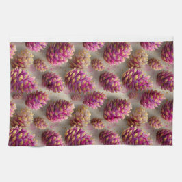 Winter Pink Pine Cones with Golden Accents キッチンタオル