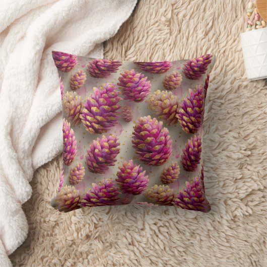 Winter Pink Pine Cones with Golden Accents クッション (ブランケット)
