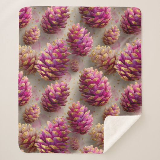 Winter Pink Pine Cones with Golden Accents シェルパブランケット (正面)