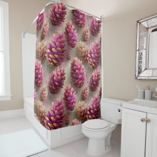Winter Pink Pine Cones with Golden Accents シャワーカーテン (インサイチュ)