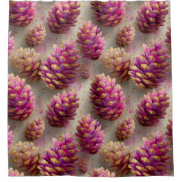 Winter Pink Pine Cones with Golden Accents シャワーカーテン