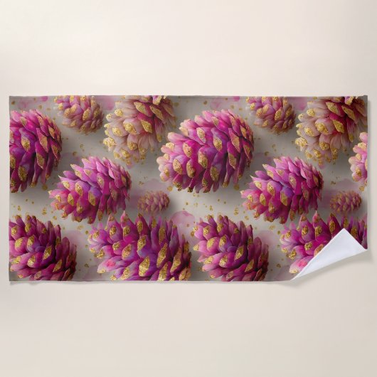 Winter Pink Pine Cones with Golden Accents ビーチタオル (正面)