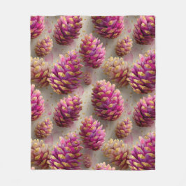 Winter Pink Pine Cones with Golden Accents フリースブランケット