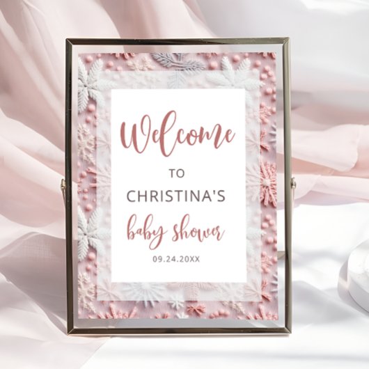Winter Pink Silver Snowflakes Baby Shower Welcome  ポスター