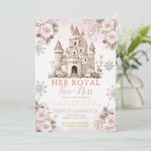 Winter Pink Snowflake Her royal fiveness Birthday 招待状 (スタンド正面)
