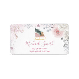 Winter Pink Snowflake Sleigh Baby Shower Address ラベル