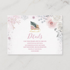 Winter Pink Snowflake Sleigh Baby Shower Details エンクロージャーカード