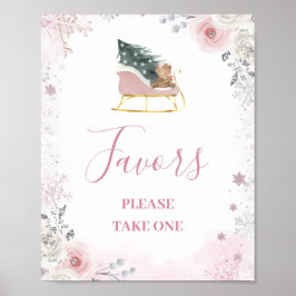 Winter Pink Snowflake Sleigh Baby Shower Favors ポスター