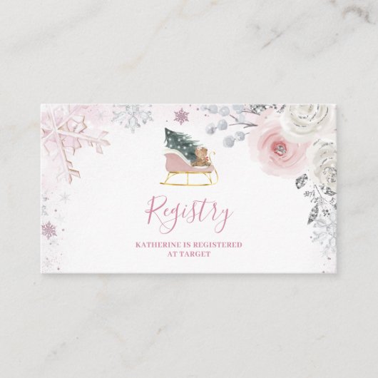 Winter Pink Snowflake Sleigh Baby Shower Registry エンクロージャーカード (正面)