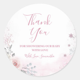 Winter Pink Snowflake Sleigh Baby Shower Thank You ラウンドシール