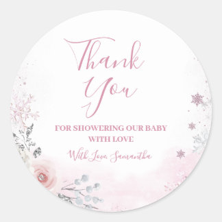 Winter Pink Snowflake Sleigh Baby Shower Thank You ラウンドシール