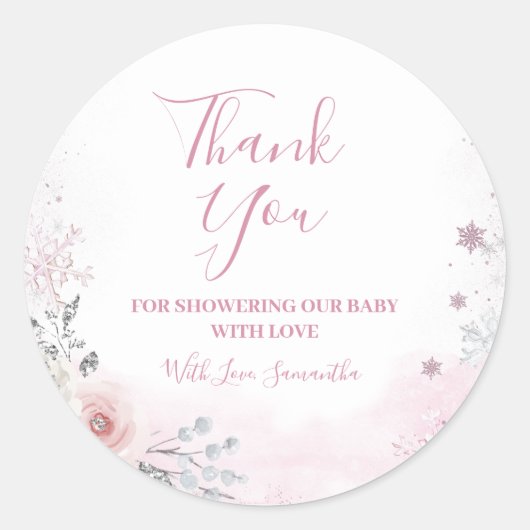 Winter Pink Snowflake Sleigh Baby Shower Thank You ラウンドシール (正面)