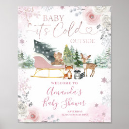 Winter Pink Snowflake Sleigh Baby Shower Welcome ポスター