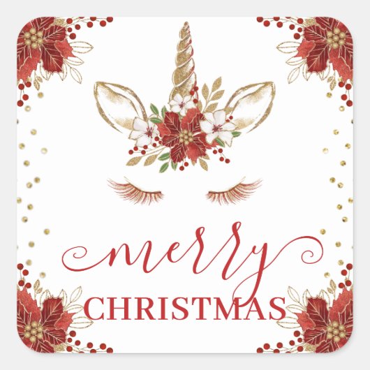 Winter Poinsettia Unicorn Merry Christmas スクエアシール (正面)