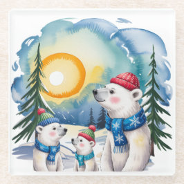 Winter Polar Bear Family Christmas  ガラスコースター