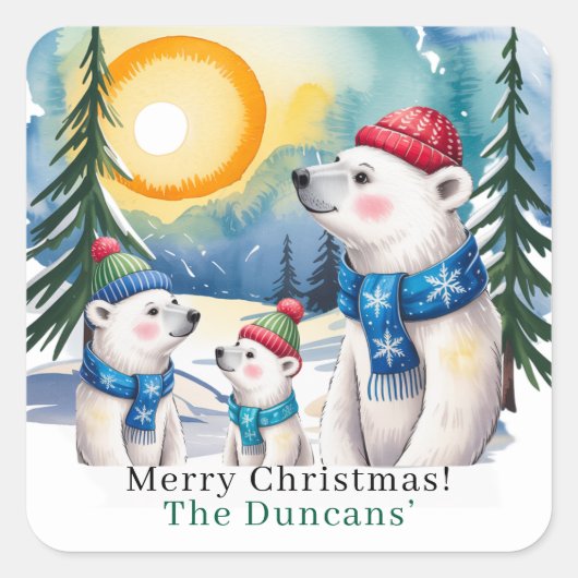 Winter Polar Bear Family Christmas スクエアシール (正面)