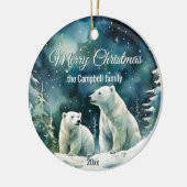 Winter Polar Bears Merry Christmas Family Name セラミックオーナメント (左)
