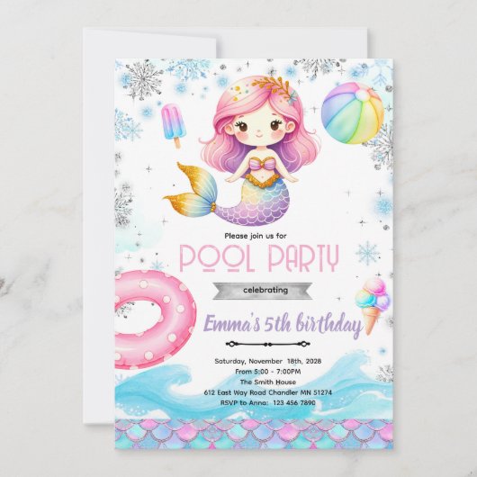 Winter pool mermaid party invitation 招待状 (正面)