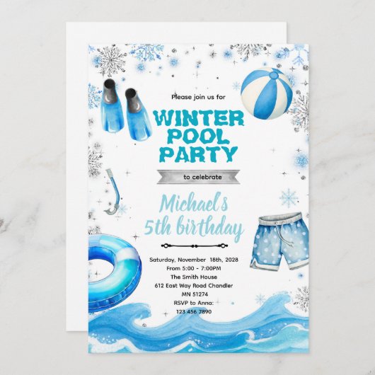 Winter pool party theme invitation 招待状 (正面/裏面)