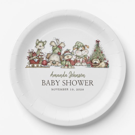 Winter Puppy Christmas Holidays Baby Shower ペーパープレート (正面)