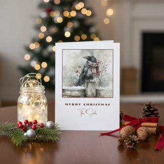 Winter Raven Crow Christmas Card with Cozy Scarf シーズンカード