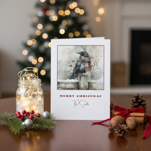 Winter Raven Crow Christmas Card with Cozy Scarf シーズンカード