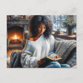 Winter Reading Black Woman Cozy Art ポストカード