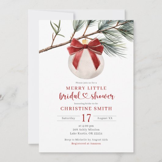 Winter Red Bow Ornament Merry Little Bridal Shower 招待状 (正面)