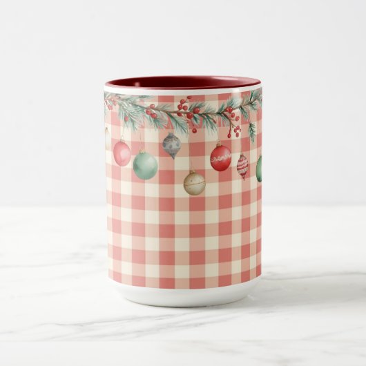 Winter Red Christmas gingham with ornaments マグカップ (中央)