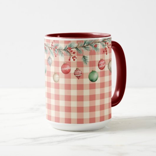 Winter Red Christmas gingham with ornaments マグカップ (正面右)