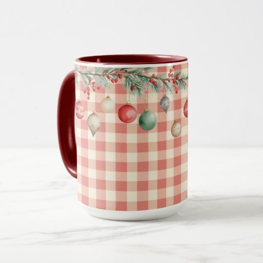 Winter Red Christmas gingham with ornaments マグカップ (正面左)