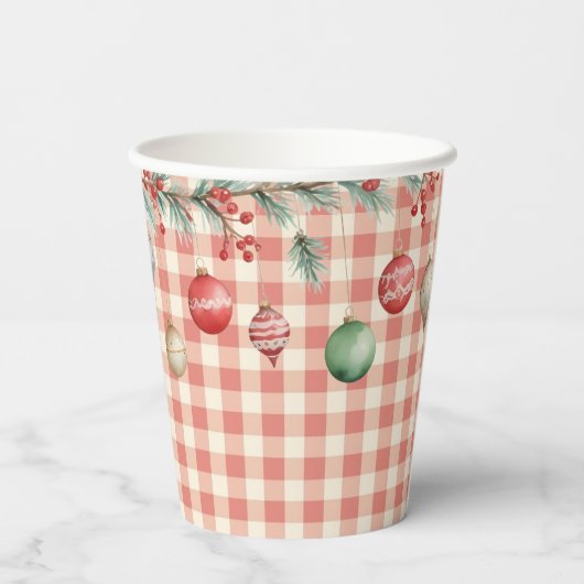 Winter Red Christmas gingham with ornaments 紙コップ (裏面)