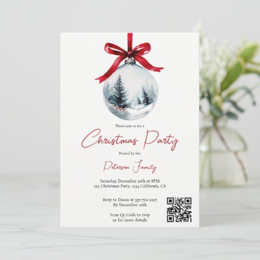 Winter Red Coquette Bow Ribbon QR Christmas Party 招待状 (スタンド正面)