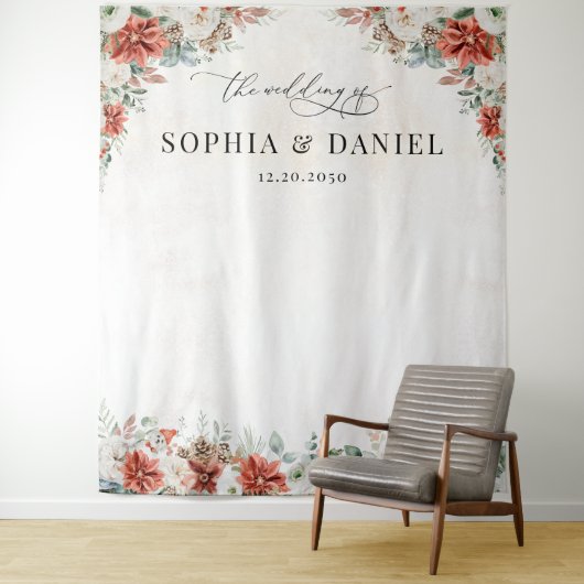 Winter Red Greenery Pinecone Wedding Backdrop タペストリー (インサイチュ)