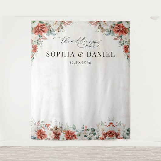 Winter Red Greenery Pinecone Wedding Backdrop タペストリー (正面)