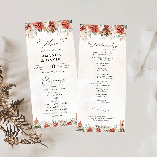 Winter Red Greenery Pinecone Wedding Program プログラム