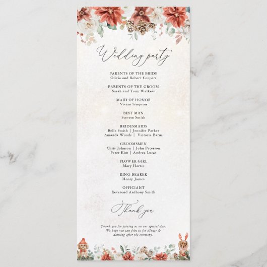 Winter Red Greenery Pinecone Wedding Program プログラム (裏面)