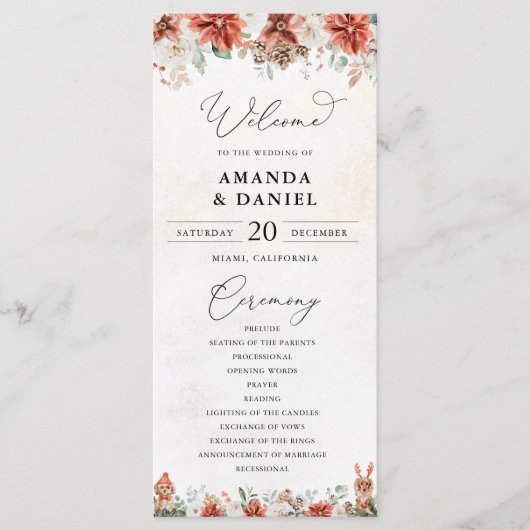 Winter Red Greenery Pinecone Wedding Program プログラム (正面)