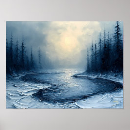 Winter River Bend – 抽象的な霧の森の風景 ポスター