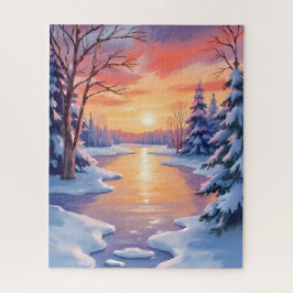 Winter River Sunset Landscape Snow Watercolor ジグソーパズル