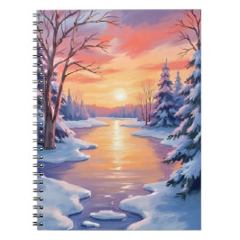 Winter River Sunset Landscape Snow Watercolor ノートブック