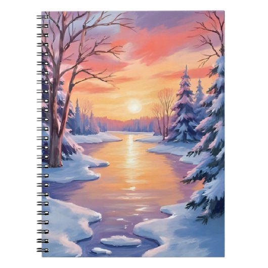 Winter River Sunset Landscape Snow Watercolor ノートブック (正面)